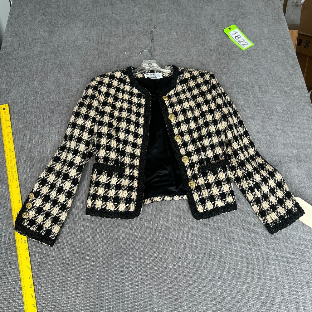 Saks Fifth Avenue Tweed Blazer Jacket Women 6 Black White Wool Blend Houndstooth